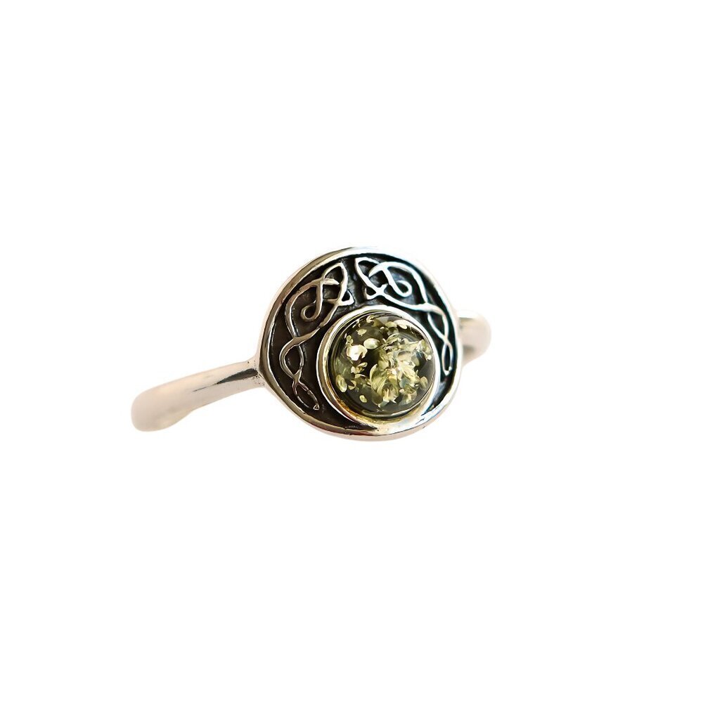 Baltic Green Amber Celtic Ring in 925 Sterling Silver
